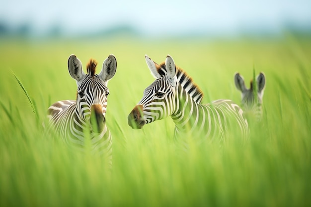 Trio of zebras in vibrant green fields
