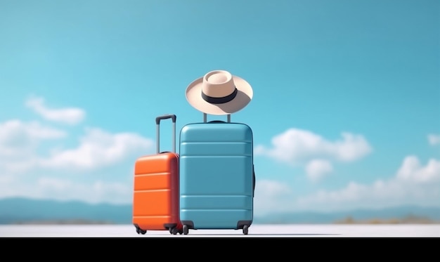 Trip blue journey vacation business background suitcase hat holiday baggage travel Generative AI