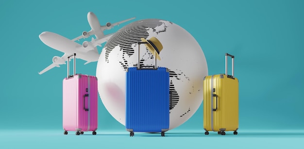 Trip luggage and earth and plane background 3d rendering