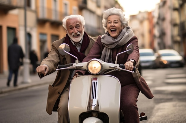 Trip man vrouw vriendschap oude weg vrolijke fiets plezier glimlach motorfiets jonge generatieve AI