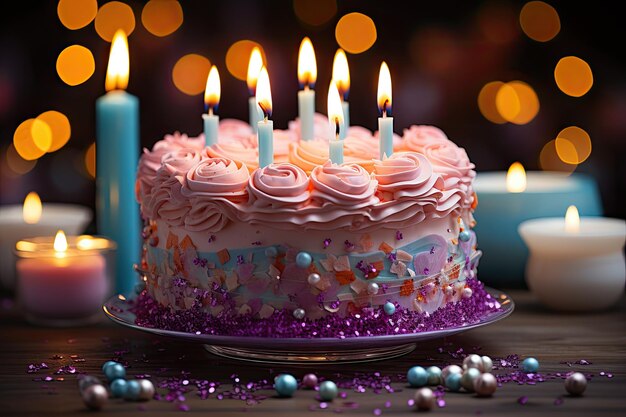 Triple birthday cake with bright candles celebrating life generative IA