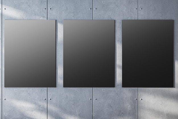 Triple black canvas mockups on grey concrete wall modern gallery design 3D Rendering