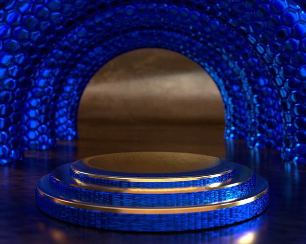 Трехцилиндровый пьедестал-подиум с синей неоновой сотовой круглой колонной на неоновом фоне для сценического отображения продукта с помощью 3d-рендеринга