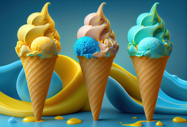 Triple ice cream cones over blueyellow background Generative Ai