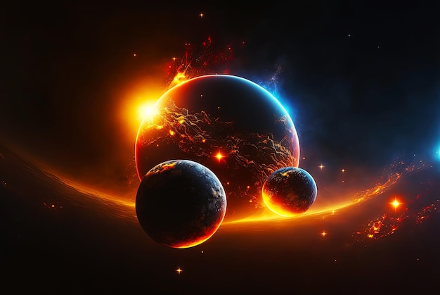 Triple planet system Strange distant space worlds Futuristic universe Generative AI