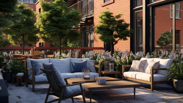 A triplex with a communal outdoor seating area for residents