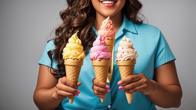 Foto triplicare la dolcezza foto stock estetica di una persona con tre coni gelato