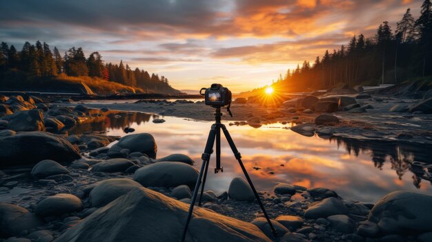 Photo a tripod perched on a rocky beach