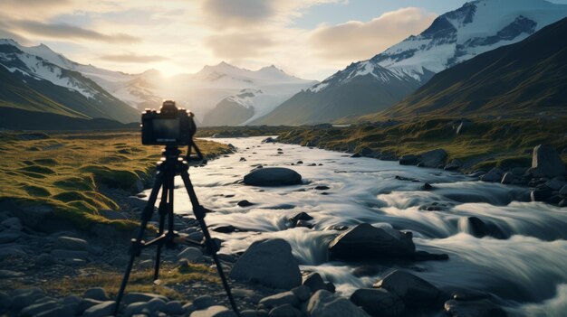 Photo tripod on rock next to water