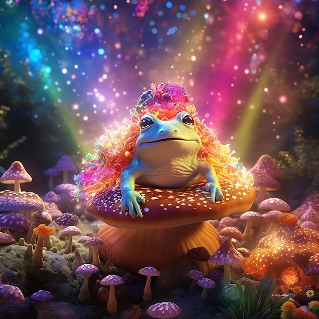 trippy colorful toad sitting on top of a mushroom 1