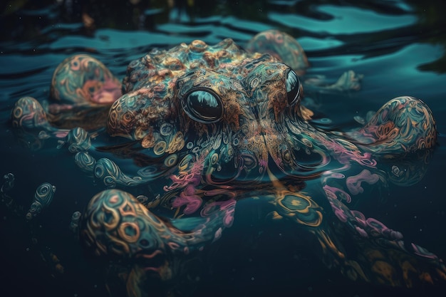 Trippy creature of the deep floating on the water surface created with generative ai