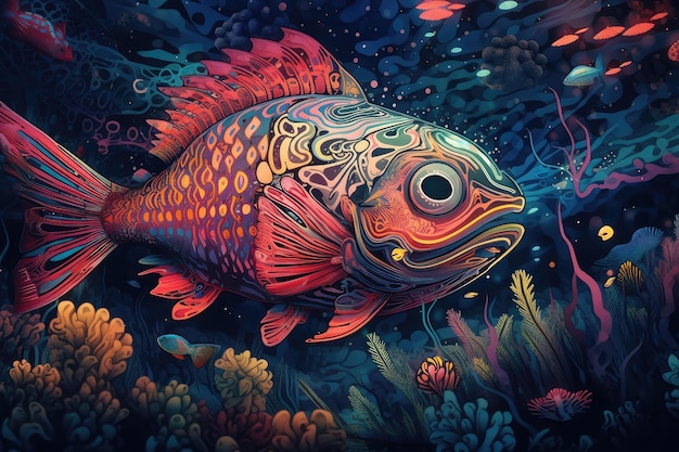 Trippy fish swimming in psychedelic underwater world