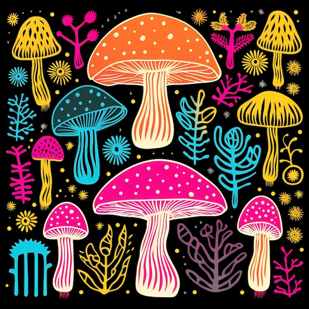 Photo trippy mushroom dream psychedelic retro pattern generative ai
