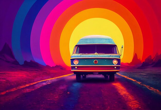 Trippy psychedelic van 1960s driving through surreal dreamy magical landscape with vibrant rainbow