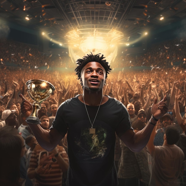 Triumph in Focus Capturing the Victorious Spirit of a Young Black Man in a Crowded Arena