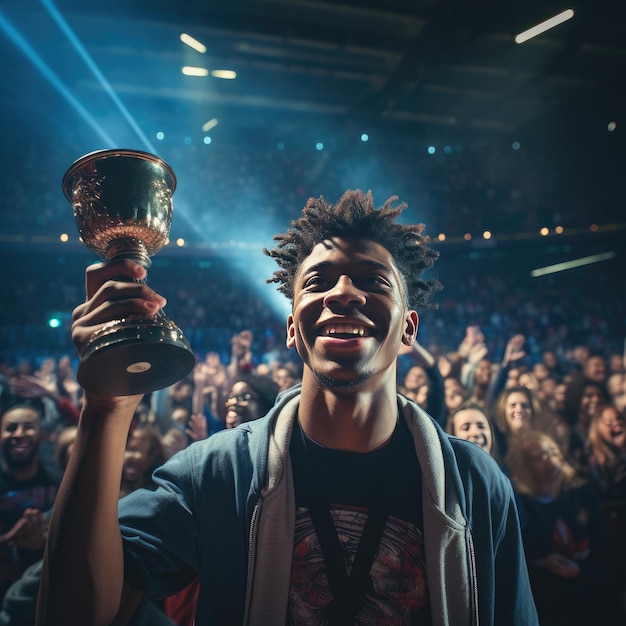 Triumph in the Spotlight Capturing a Young Black Champion Amidst the Spectacle