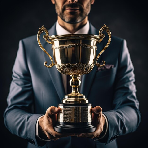 Triumphant businessman cradles a beautiful trophy cup a symbol of success and achievement radiating elegance and prestige in the palms of accomplishment