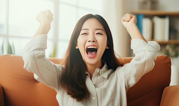 Triumphant businesswoman celebrates success arms raised in a sleek office