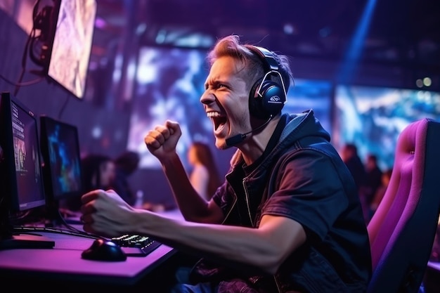 Triumphant eSports Gamer Celebrating Victory in Cyber Championship