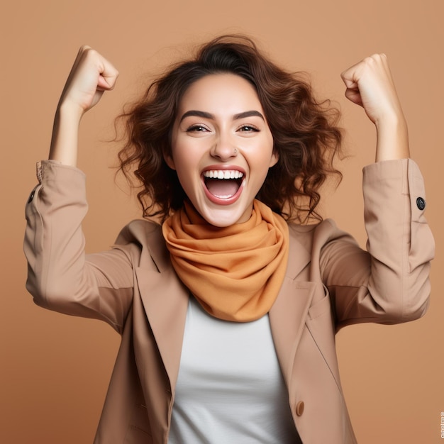 Foto gesto trionfante donna entusiasta celebra su sfondo bianco