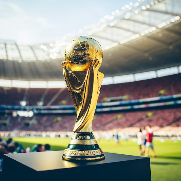 Photo triumphant glory closeup view of a golden trophy in a captivating 3d panoramic of an open sky stadium roof with a lush green grass field and dazzling fireworks