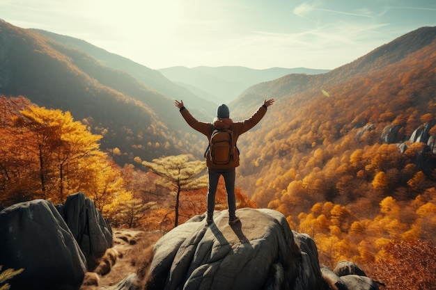 산꼭대기에서 승리한 산책자 성공한 젊은이 등반 업적을 축하하는 야외 모험과 활동적인 라이프 스타일 개념