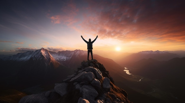 Triumphant Hiker on Mountain Summit with Arms Raised Generative AI