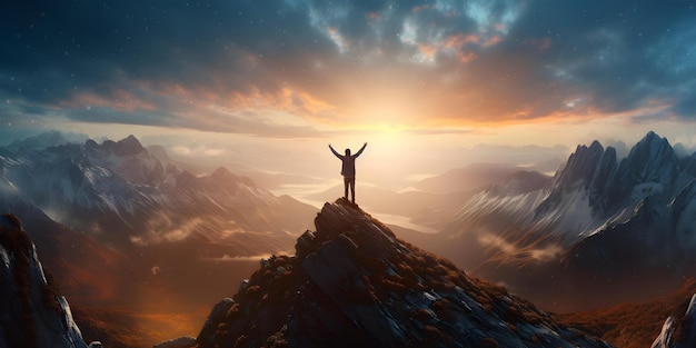 Triumphant Individual Conquers Challenges Reaches Summit with Arms Outstretched Concept Triumphant Success Overcoming Challenges Reaching the Summit Celebrating Achievements
