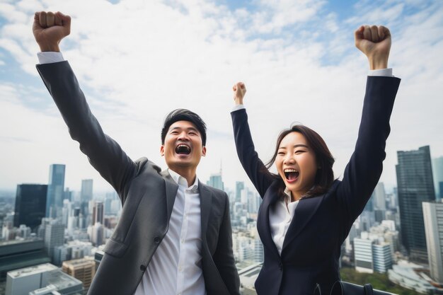 写真 都市景観の祝賀で勝利した日本のビジネスチーム