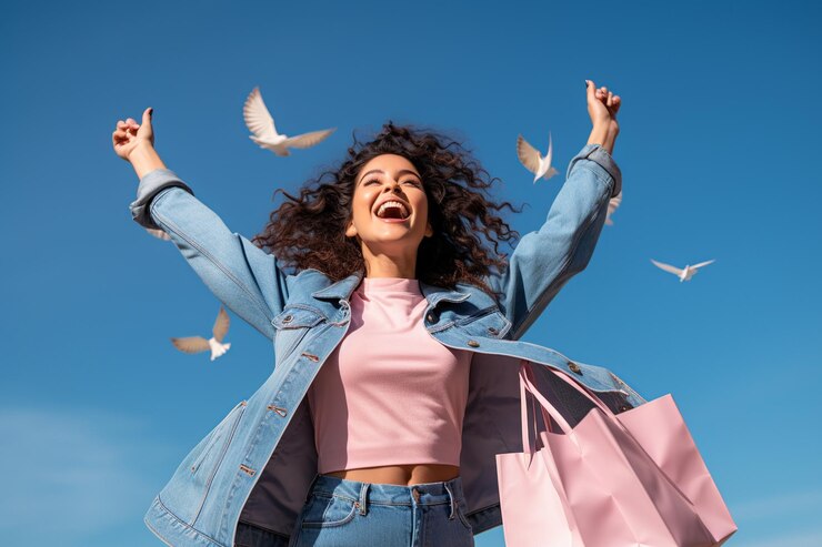 Triumphant Shopper Young Woman with Raised Bag on Pastel Pink Canvas