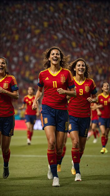 Triumphant Spanish Women's Football Team Cinematic Celebration in Iconic Red and Yellow