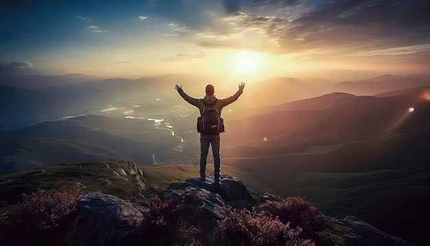 Triumphant Victory Human Silhouette Celebrating Success on Mountain Top Generative AI