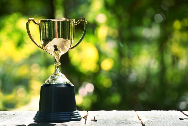 Foto trofee op houten tafel met groene bokeh achtergrond