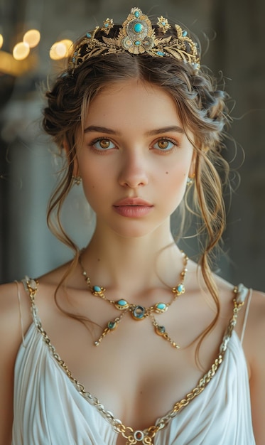 Photo trojan princess of unearthly beauty in ancient greek clothing and jewelry helen queen of troy and alexandria divine beauty