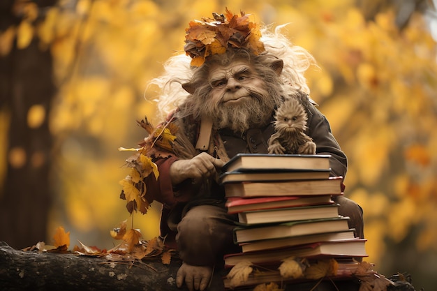 Фото Ученый-тролль с кучей лесных преданий книжный червь фантастический осенний день книг