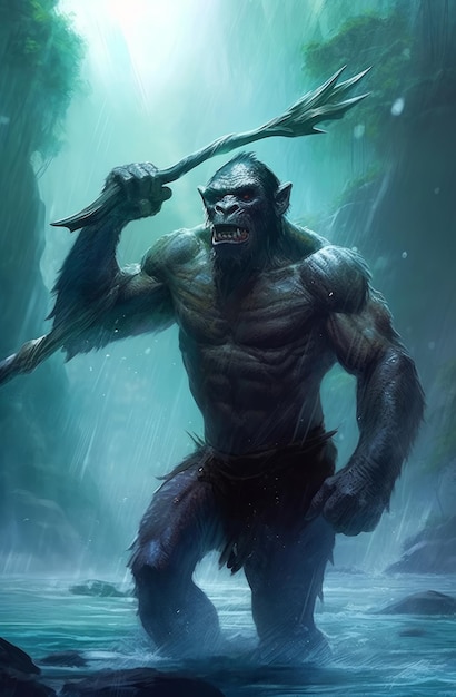 A troll with a spear in his hand is standing in the water.