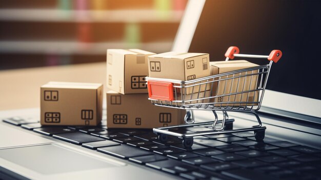 Foto scatole di carrelli sopra una tastiera portatile insight sull'e-commerce una modalità di commercio digitale che consente ai clienti di acquistare merci direttamente dai venditori online su internet