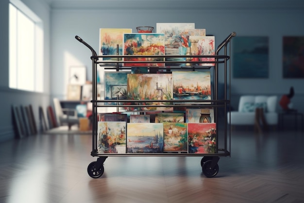 Trolley met boeken in een lege ruimte 3D-rendering