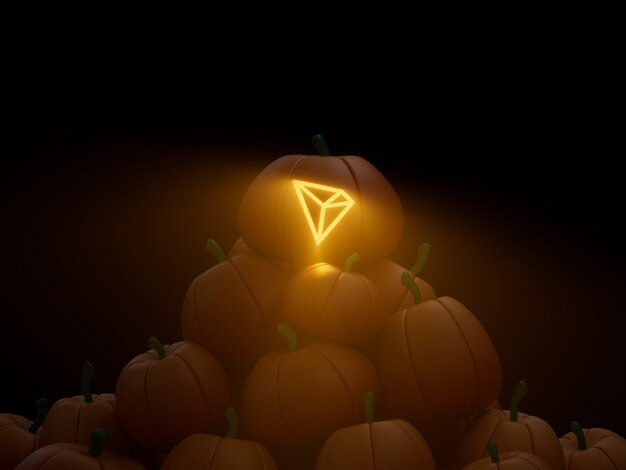 Tron Carved Pumpkin Stack Pile Crypto Currency 3D Illustration Render Dark Lighting