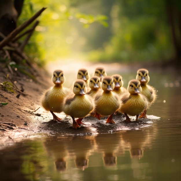 A troop of baby ducklings following their mother in a straight line