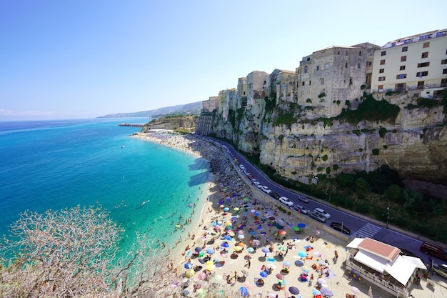 TROPEA CALABRIA SEPTEMBER 6 2022 Aerial view of Tropea historic village on sea in Calabria Italy