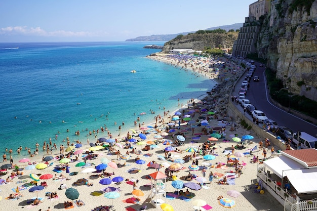 TROPEA CALABRIA SEPTEMBER 6 2022 Aerial view of Tropea historic village on sea in Calabria Italy