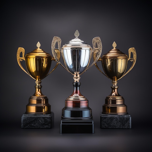 Trophies lined up gold silver bronze gray backdrop studio lighting colorful ribbons scattered