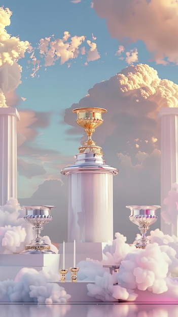 Trophies on pedestals against a surreal sky Digital art rendering for achievement success