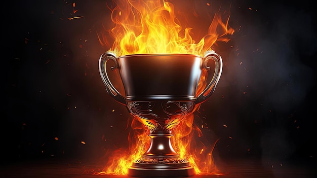 trophy cup on fire black background