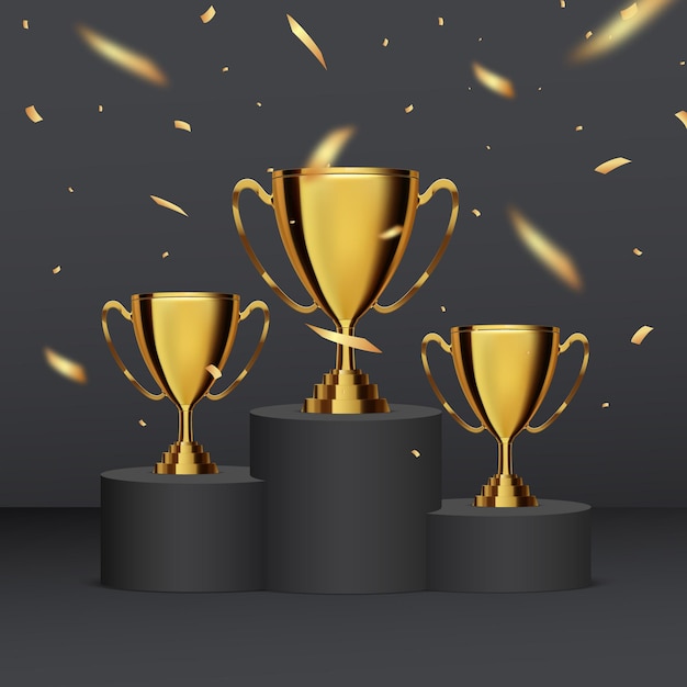 Photo trophy cup gold prize on black podium with confetti isolated vector illustration of winners award