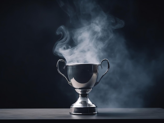 Trophy cup with smoke on black background Award concept Copy space