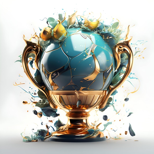 Foto coppa di trofeo con spruzzi e gocce d'acqua rendering 3d