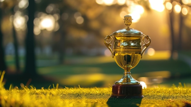 Trophy illuminated by sunlight on grass field