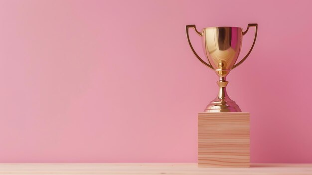 Photo a trophy is on a wooden stand with a pink wall behind it